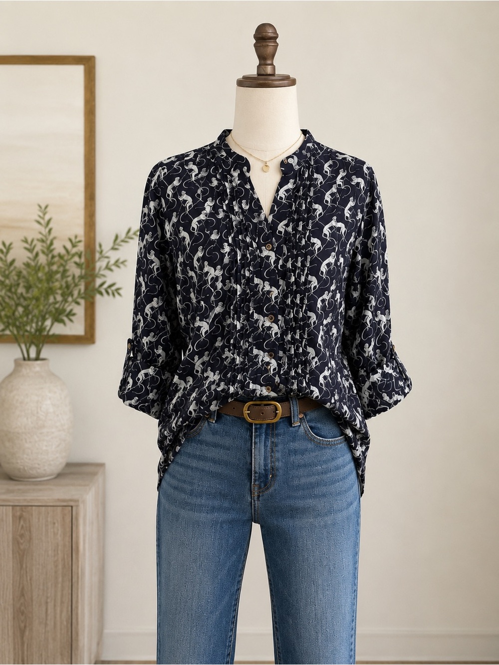 Maeve Dark Navy Top with White Monkey Print Anthropology